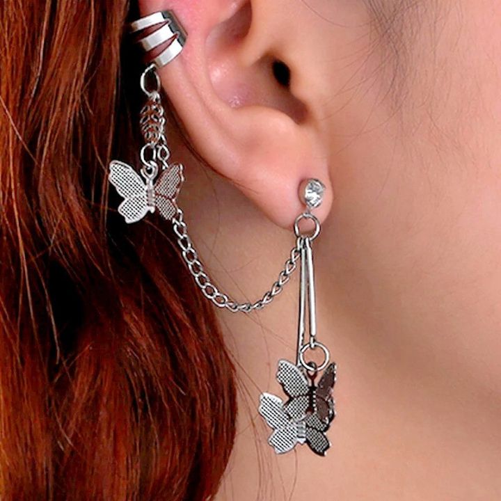 2 pcs Silver colored plated Ear Cuff Butterfly Long Chain Pin Tassel Korean style Earrings for Girls and Women