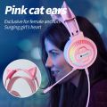 RGB LED pink cute wired cat ear girl gamer PC gaming over ear headphones 7.1 USB surround heavy bass gaming headset noise reduction headsets HiFi stereo headphone gaming pink with microphone mic for online class courses gaming live streaming broadcast. 
