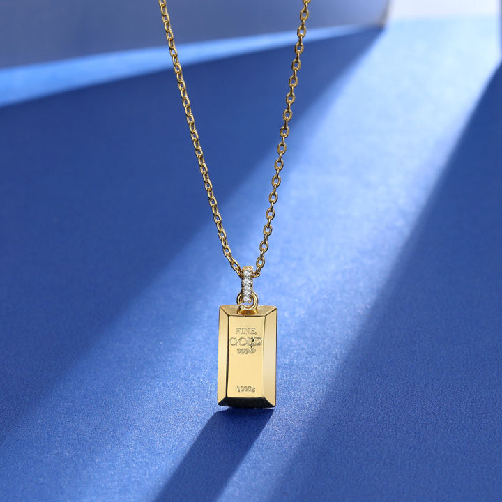 Hot Selling Rich Gold Small Gold Bar Necklace Women's Gold Brick Pendant s925 Sterling Silver Plated Gold Simple Design