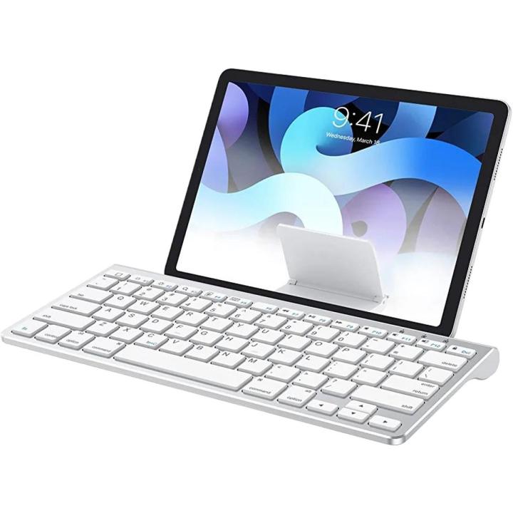 OMOTON Ultra-Slim Wireless Bluetooth Keyboard Compatible with All iPad, iPad 10.2 9th Generation/Mini 6 2021, Build-in Sliding Stand, White