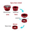 3 In 1 Wide Angle Macro Fish Eye Lens Universal Mobile Phone Fisheye Lenses For iPhone Samsung Huawei Xiaomi Redmi Camera Kits-Red. 