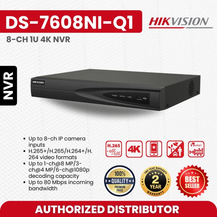 HIKVISION DS-7608NI-Q1  Network Products Network Video Recorders Pro Series (All)-H.265+/H.265/H.264+/H.264 video formats Supported NVR-Up to 80 Mbps incoming bandwidth NVR-Up to 8-ch IP camera inputs NVR