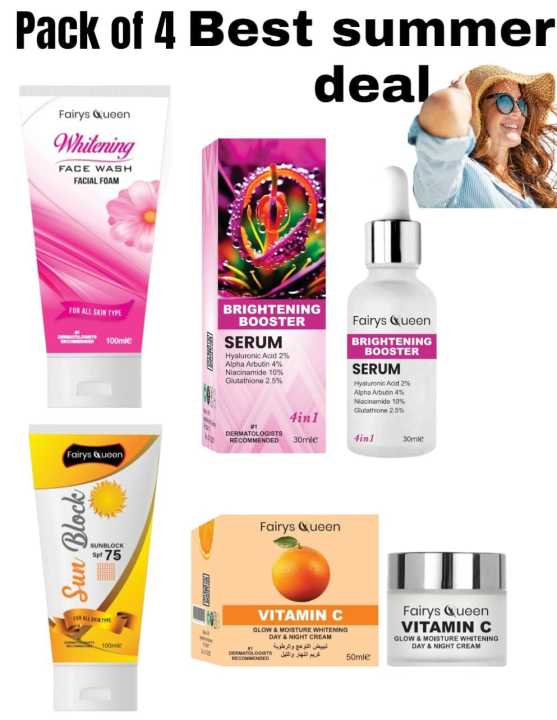 Summer Deal Pack Of 4 - Fairy's Queen Vitamin C Face Cream 50ml + Whitening Face Wash 100ml + Sun Block SPF 75+ 100ml + Brightening Booster Face Serum 30ml