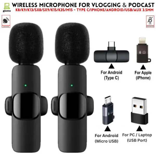 Wireless%20MIC%20Type%20C/IOS/Android/USB/AUX%203.5mm%20Mic%20K8/K9/K15/K35%20Wireless%20Single/Double%20Microphone%20For%20Interview,%20Vlogging%20,%20Podcast%20-%20Image%202