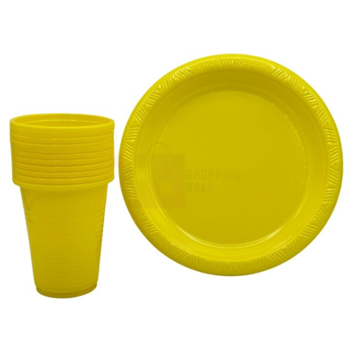 YELLOW COLOR PLATES AND CUPS - PLASTIC PLATES AND CUPS - PACK OF 10