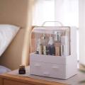 Modern Cosmetic Organizer Makeup Storage Holder, Display Make up Caddy Shelf Organization Boxes Case Dustproof, Handle and Drawer on Countertop. 