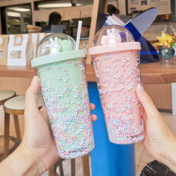 Water bottle cute rabbit glitter rainbow color plastic straw cup creative personality fun girl heart ins photo gift portable cup