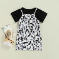 Kids Girls Dress Set, Camouflage Print Sling Dress with Short Sleeve Crop Top Summer Casual Outfit. 