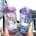 Unicorn Transparent Sipper/Water Bottle/Mason Jar/Tumbler with Straw for Kids Glitter Sipper with Toy Creative Double Layer Drinking Water Bottle Tumbler, Portable Juice Coffee Milk Cup. 