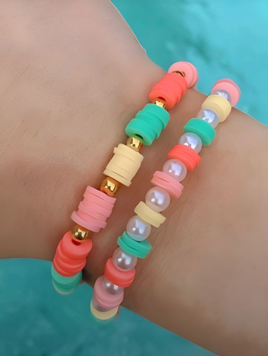 Clay Flat beads with White Pearls bracelets in different colors