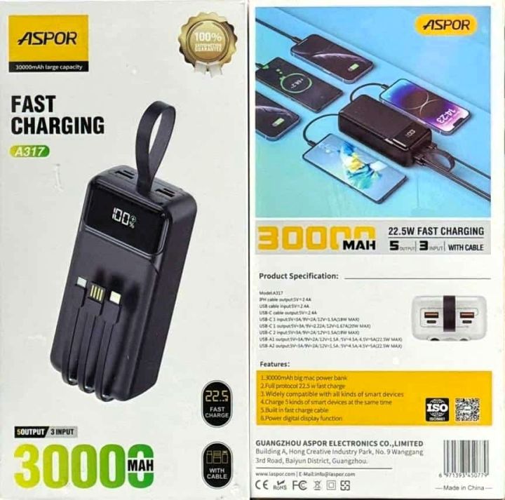 Aspor A317 22.5w 30000 mAh Fast Charging Power Bank With 3 Cables Black