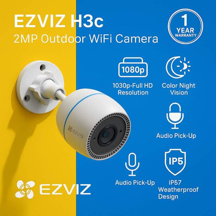 EZVIZ H3c 2MP Outdoor WiFi Security Camera – 1080p, Color Night Vision, AI Human Detection, IP67 Weatherproof, Audio Pick-Up