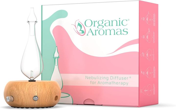 Organic Aromas Magnificent 2.0 Nebulizing Diffuser for Essential Oil/Aromatherapy  - Light Colored Wood Base and Glass Reservoir with Touch Sensor Light Switch (Light Brown Wood Base)