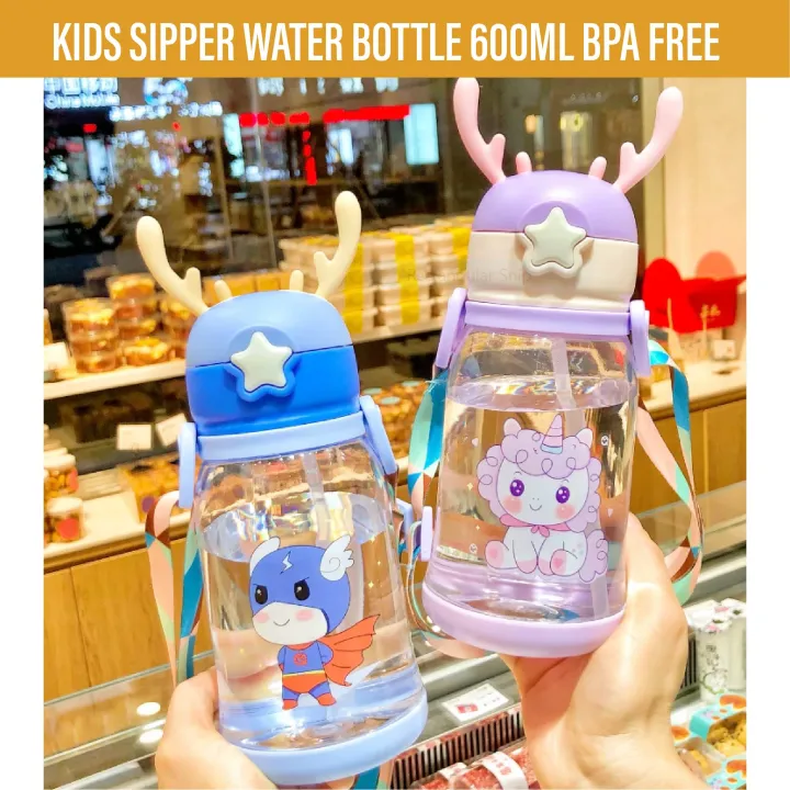 Kids Water Bottle with Straw & Strap 600ml Baby Sipper Bottle BPA-Free ...