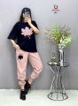 Plain Black with Pink Track Suit Round Neck Half Sleeves T Shirt and Trouser Suit for Women And Girls. 