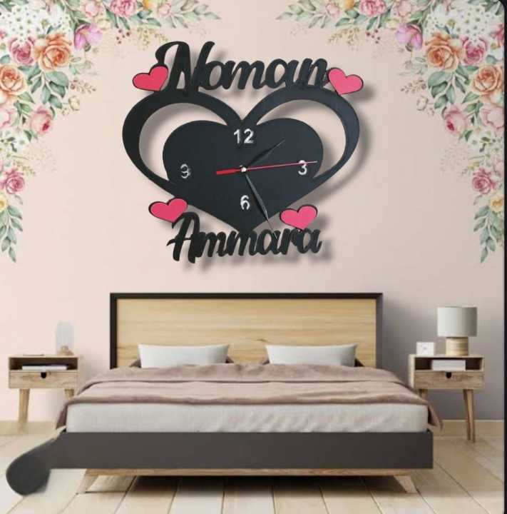 heart shape black customized wall clock wooden wall clock high qulaity clock wood custom ur own name cpl name friends name home decore bed decore wooden wall clock best for gift to friends amazing wooden wall clock