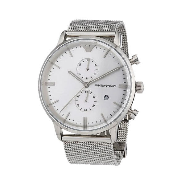 Emporio Armani Classic Silver Mesh Bracelet White Dial Chronograph Quartz Watch for Gents - AR0390