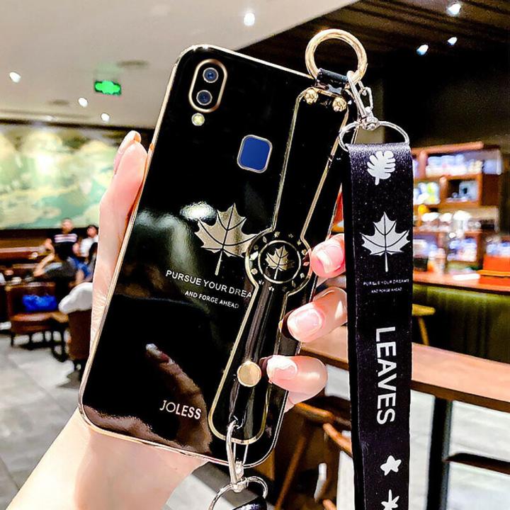 COROGI for Vivo Y93 Back Cover with Lanyard + Wristband Luxury Shiny 6D Plating Maple Leaves Pattern Protective Case Square Bumper Soft Silicone Mobile Phone Cases