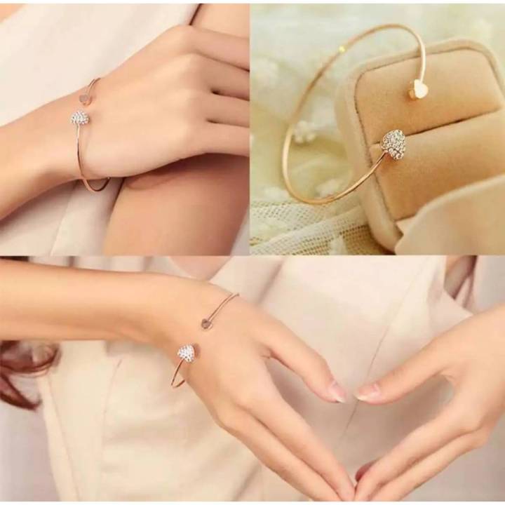 Adjustable Crystal Double Heart Bow Bilezik Cuff Opening Bracelet For Women