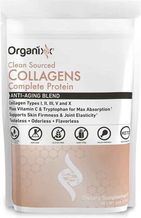 Organixx Clean Sourced Collagen Powder, Hydrolyzed Protein Powder Collagen Peptides with Vitamin C, and Types I, II, III, V, X, For Skin, Joints, Hair and Nails, Aging Support, Unflavored, 20 Servings 170gm