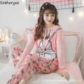 Cute Pink Colour Bunny Style Printed Design Ladies Sleep Wear Night Dress with Shirt and Trouser (Complete Sleeping Suit) For Women and Girls (SN-08). 