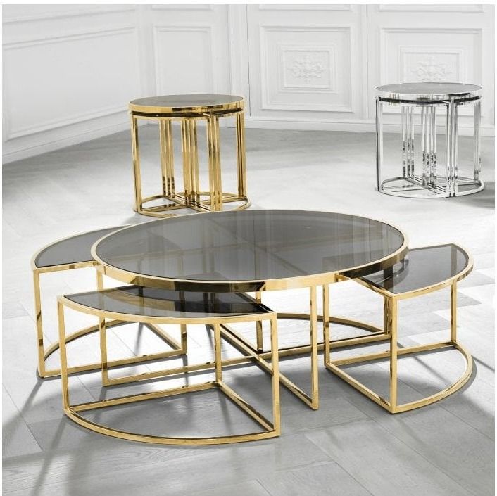 Four-Piece Coffee Table Set with Gold Mirror Accents, Glass Curved Corner Table, Center Table for Living Room,Elevate Your Decor with Stylish Coffee and Cocktail Tables