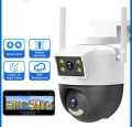 Dual Lens PTZ Outdoor Wifi Security Camera, HD IP Smart Dome Color Night Version Two way audio, Weather Proof SD card slot V380 White. 