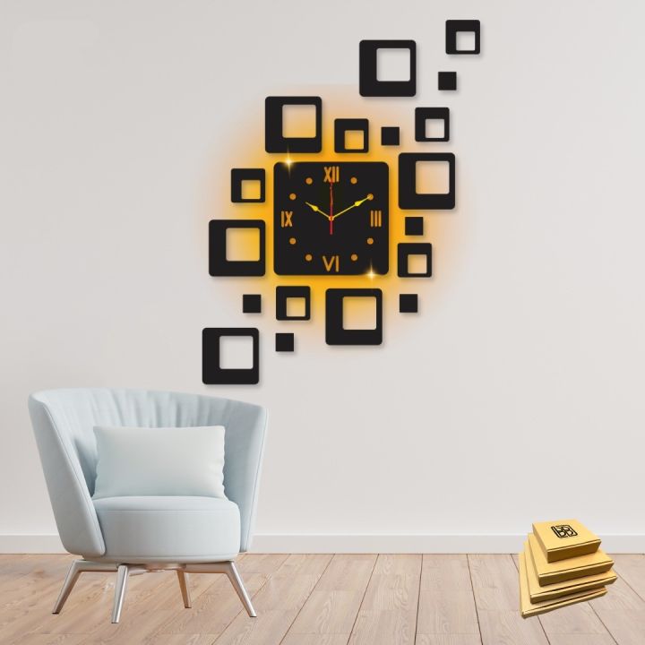 3D Wooden Wall Clock,Wooden Watch DIY Design Decoration Clocks Square Wall Clocks New Design Creative Clocks for Home Living Room and Offices and for Gifts