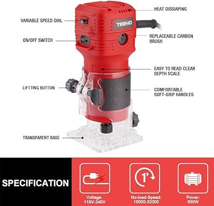 Compact Router, TRIMMER BABY Routers for Woodworking, 6.5Amp 1.25HP Palm Wood Router Tool, 30000R/MIN Hand Edge Trimmer