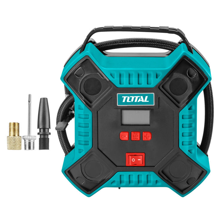 TOTAL 12V Auto Air Compressor with LED Light, 3m Cord, Ball Adaptor and Tire Vale Adapters, Tire Vale Adapters TTAC1601