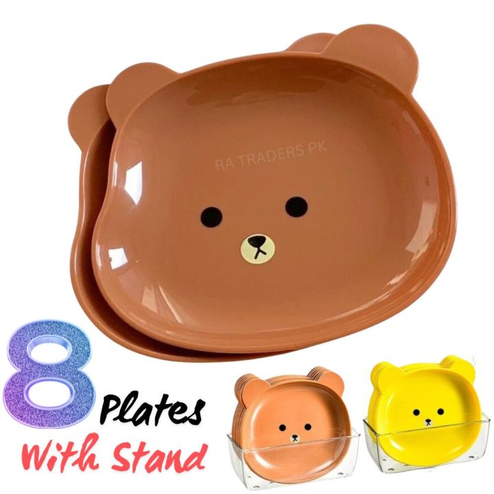 8pcs%20Cute%20Cartoon%20Bear%20Dish%20Plate%20Set%20With%20Stand,%20Reusable%20Plastic%20Dessert%20Dinner%20Plate%20Creative%20for%20Fruit,Snack,Nuts,Cartoon%20Design%20Dish%20Kitchen%20Accessory%20-%20Image%202