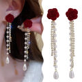 Wine Red Flocking Bow Pearl Tassel Earrings For Women Elegant Trending Luxury MJ. 