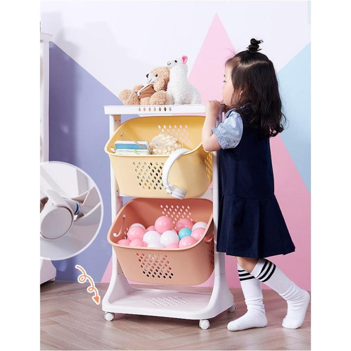 Home DIY 2- 3 Layer Storage Rack Wheels Plastic Bins Kid Toy Storage Organizer With Plastic Bins