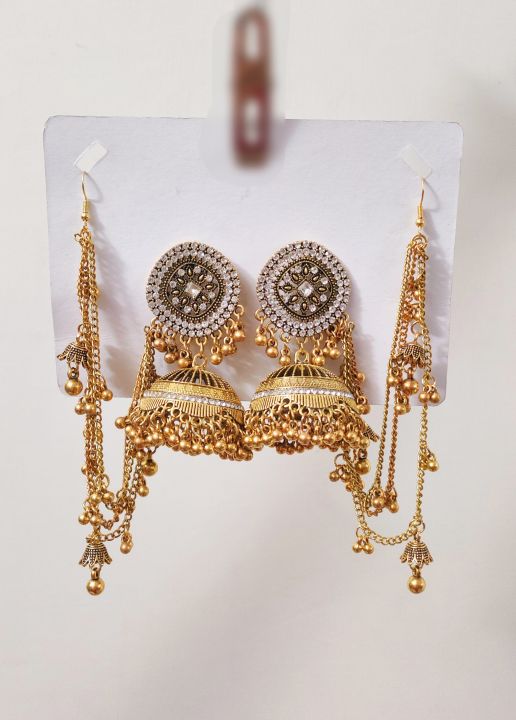 Beautiful%20Peach%20Golden%20Rhinestone%20Jhumka%20Bali%20with%20Pearls%20Sahara%20for%20Girls/Woman/Party/Weddings%20-%20Image%202