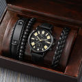 LIANDU Men Watch with 3 pcs Bracelets Set PU Leather Band Quartz Wristwatch Fashion Wristwatches. 