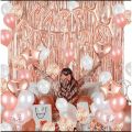 Happy Birthday Rose Gold Decoration Set For Girls Including Birthday Foil + 25 Balloons + 5 x Confetti Balloons + 2 x stars & Hearts + Curtains 6 feet Length- Rose Gold Theme For Girls. 