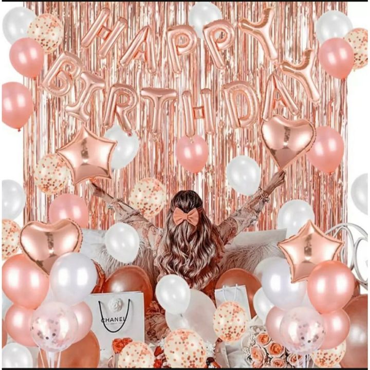 Happy Birthday Rose Gold Decoration Set For Girls Including Birthday Foil + 25 Balloons + 5 x Confetti Balloons + 2 x stars & Hearts + Curtains 6 feet Length- Rose Gold Theme For Girls