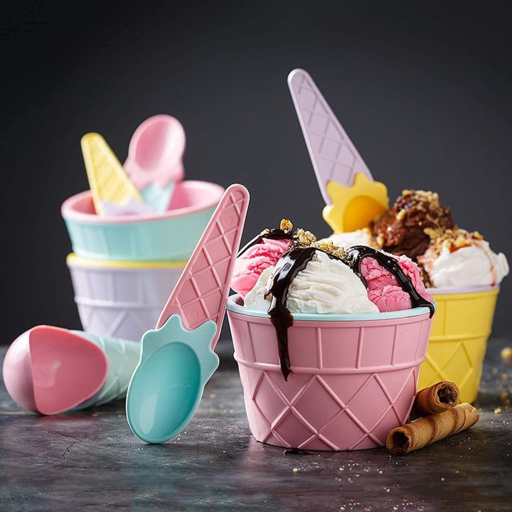 2Pc Set Ice Cream Solid Bowl with Spoon, Plastic BPA-Free Ice Cream Cone Shape Cup.
