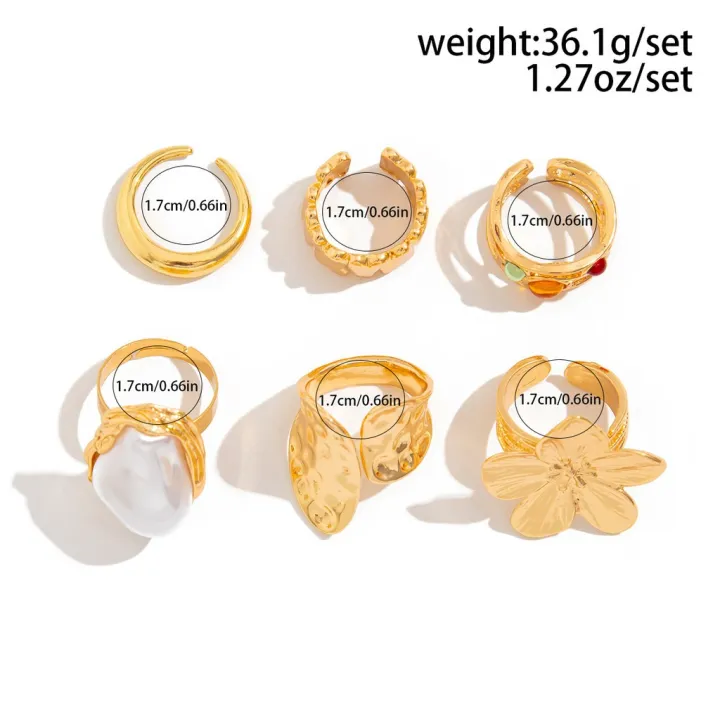 New%202026%206Pcs/Set%20Vintage%20Flower%20Metal%20Rings%20Baroque%20Imitation%20Pearl%20Ring%20Female%20Niche%20Exaggerated%20Open%20Ring%20Fashion%20Jewelry%20Rings%20-%20Image%205