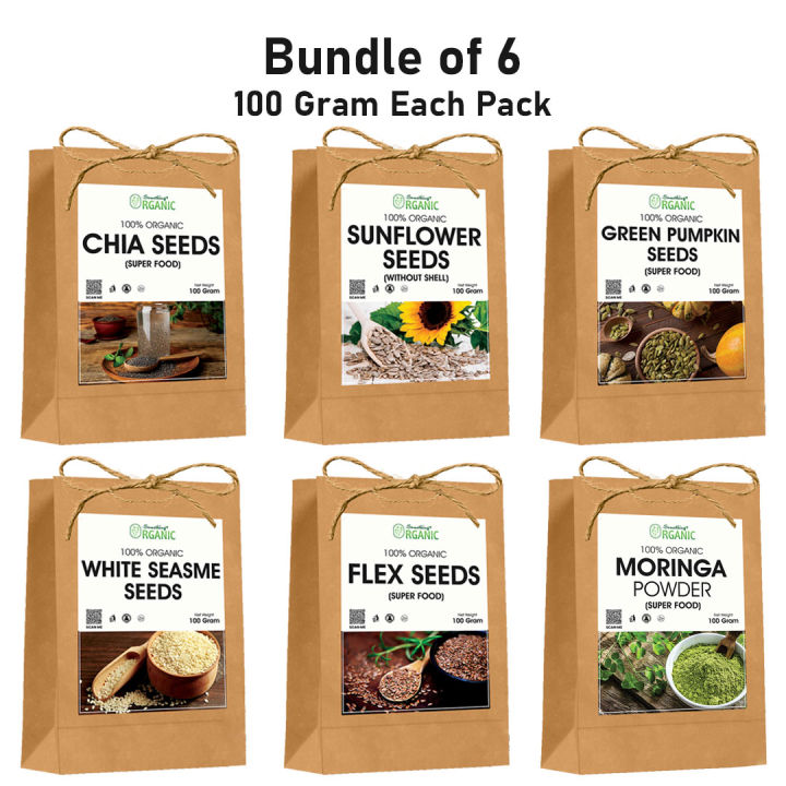 Bundle Of 6 Pumpkin Seeds + Sunflower Seeds + Flax Seeds + Sesame Seeds + Chia Seeds + Moringa Powder – Nutrient-Rich Superfood Blend for Health and Wellness