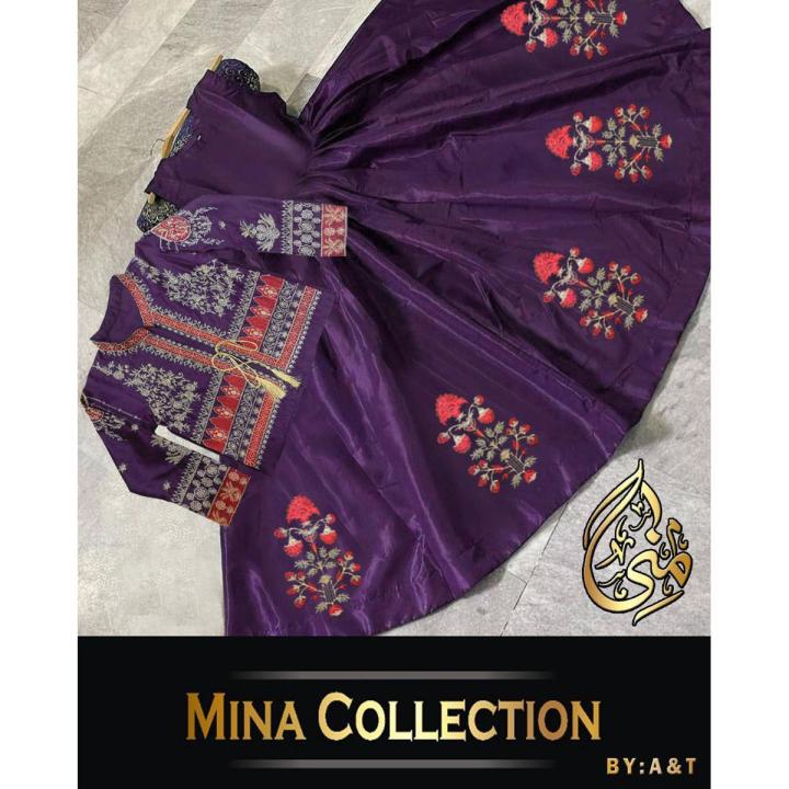 mina collection emboridy bunch maxi with separate koti 2 pcs heavy emboridery sizeeasurment chest size 20  koti length 20 maxi length 52 stuff raw silk  colours all available open picture attached all work dress price only 2900