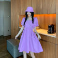 Korean version of loose square neck dress 2022 new foreign style puff sleeve dress women's two-piece set with hat. 