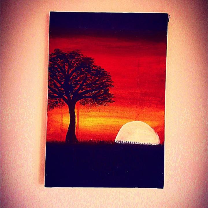 Beautiful sunset canvas handmade painting 20 cm by 50cm