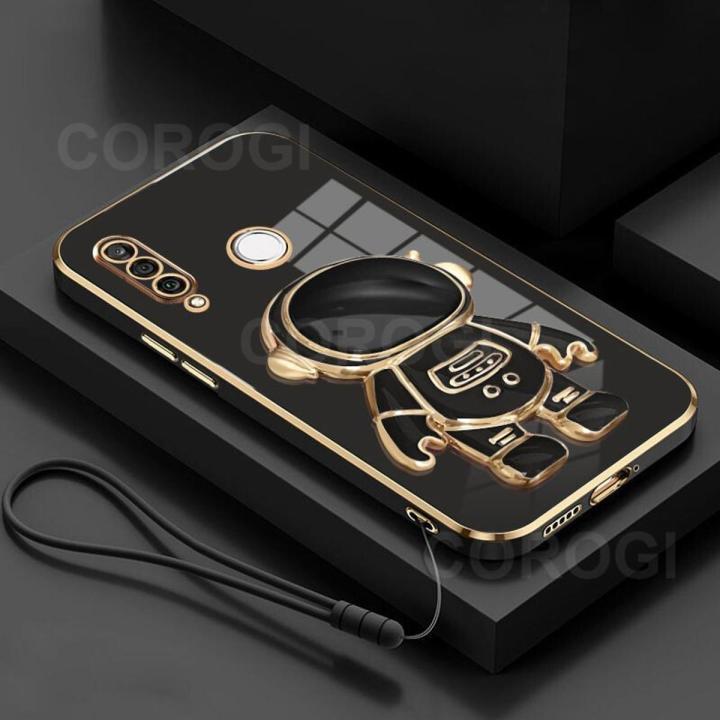 Maitus for Huawei Y6P Back Cover with Astronaut Hidden Stand + Lanyard Luxury 6D Plating Frame Shiny Cases Soft Silicone Cartoon Bracket Mobile Phone Case