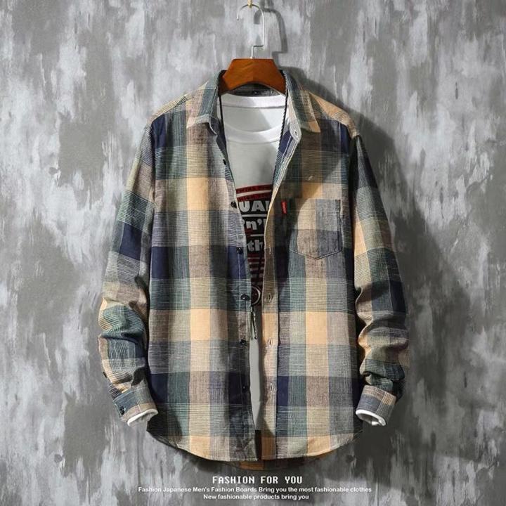 Plaid Shirt Men Long Sleeve Loose Large Size Trendy Casual Korean Shirt