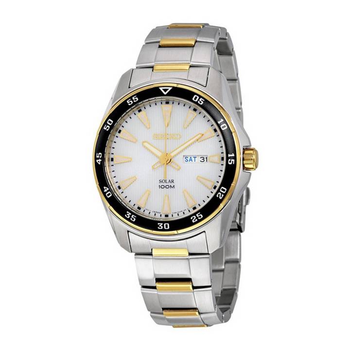 Seiko Solar Stainless Steel Two Tone White Dial Mens Watch SNE394P1R