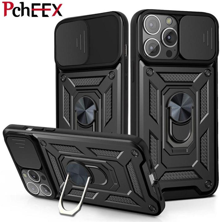 iPhone 13 Pro Max Phone Case, Military-Grade Push Window Cover Ring Stand Hard Anti-Fall Casing