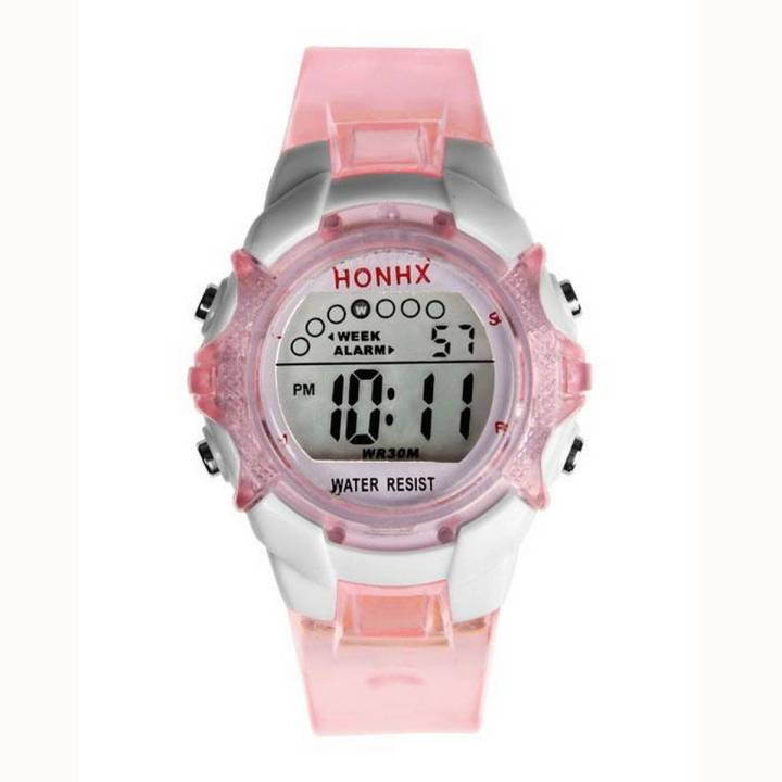 Waterproof Children Girls Digital LED Quartz Alarm Date Sports Wrist Watch Pink - intl
