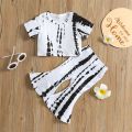 Girls Casual Two-piece Pants Suit, White Tie-dyed Print T-shirt and Bell Bottom Trousers, 1-6 Years. 