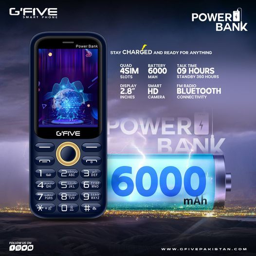 Gfive Powerbank Mobile - 2.8 Inch Display - 6000mAh Battery With Powerbank Option - 4 Sims - PTA Approved - 1000 Contact Save Memory - Audio & Video Player - Magic Voice - 1 Year Brand Warranty